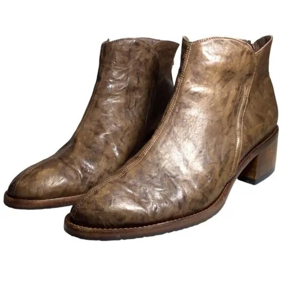 Salpy Riley Handmade USA Heeled Ankle Boot 10 Olive Distressed Back Zip Bootie - Picture 5 of 7